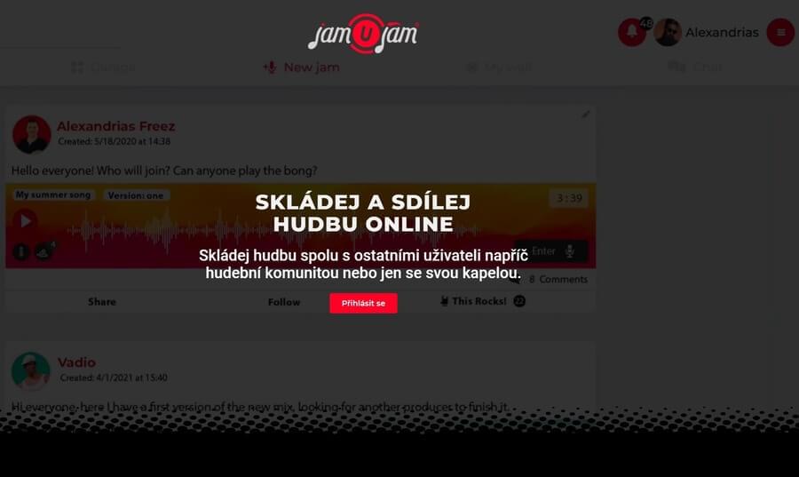 Náhled úvodní stránky sociální sítě Jamujam na počítači